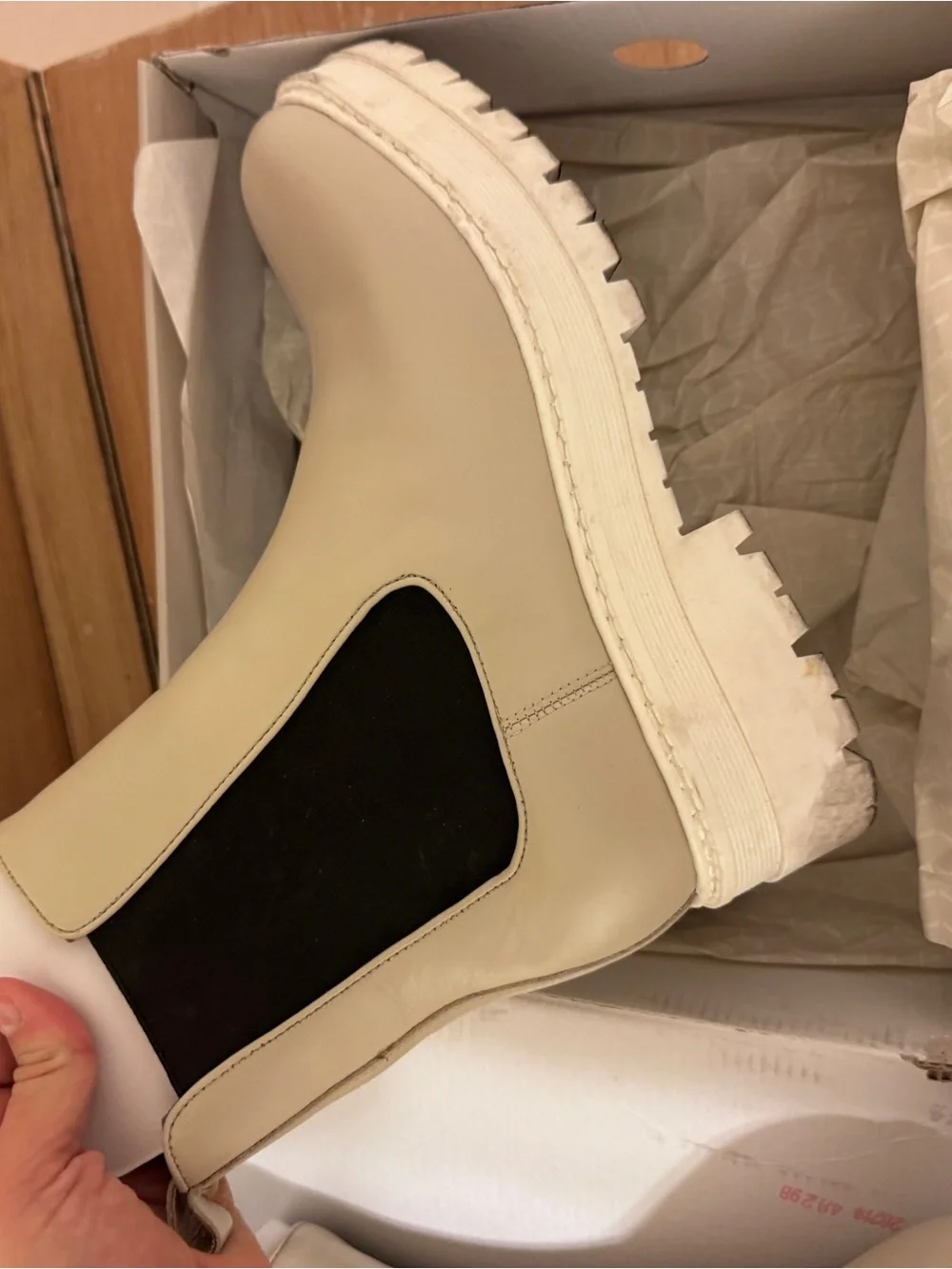 Marc Fisher Cream Chelsea Lug Sole Ankle Boots with Black Elastic